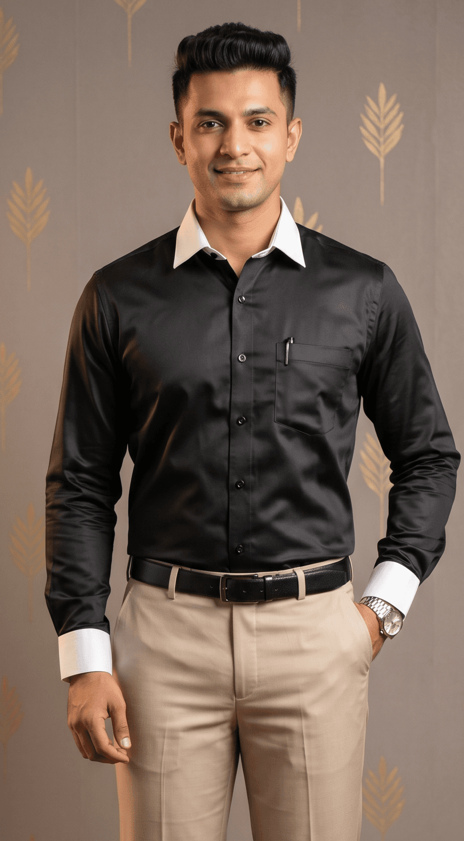 Premium Giza Cotton Black Shirt with White Collar & cuff
